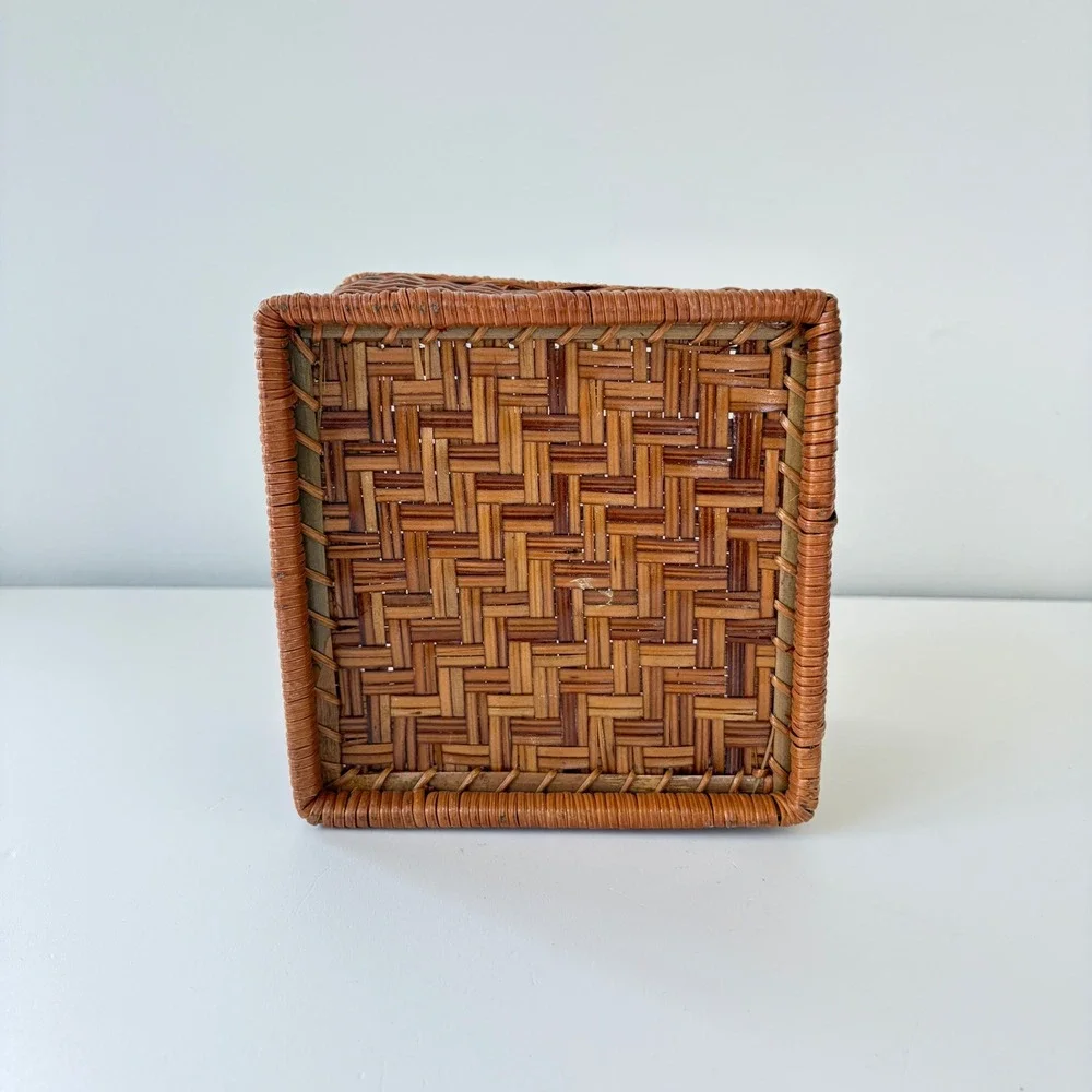 Vintage Square Wicker Storage Basket Brown Woven Rustic Home Decor Organizer